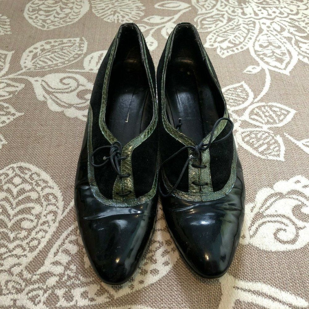 Vintage Oxfords! Black Patent Lace Up W/Green Snakeskin Trim 8.5 Narrow AA - Picture 3 of 9